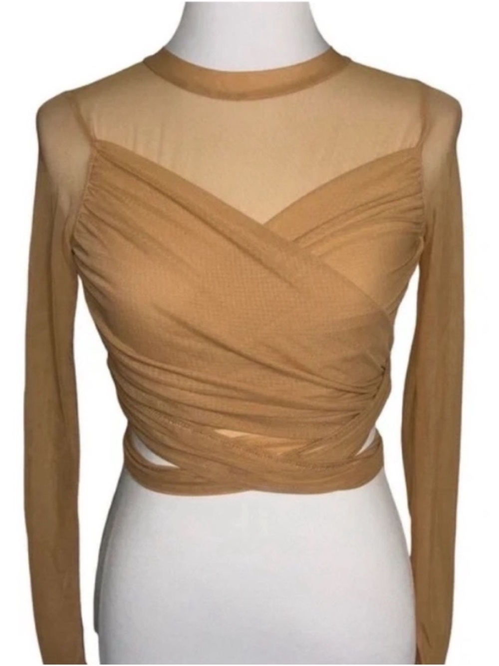 12TH TRIBE Sheer Mesh Wrap Blouse with elegant Drape Tan Size Small